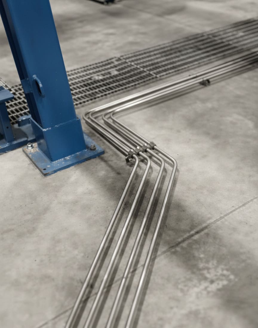 Instalación ordenada de tuberías hidráulicas de acero inoxidable sobre el piso de concreto.